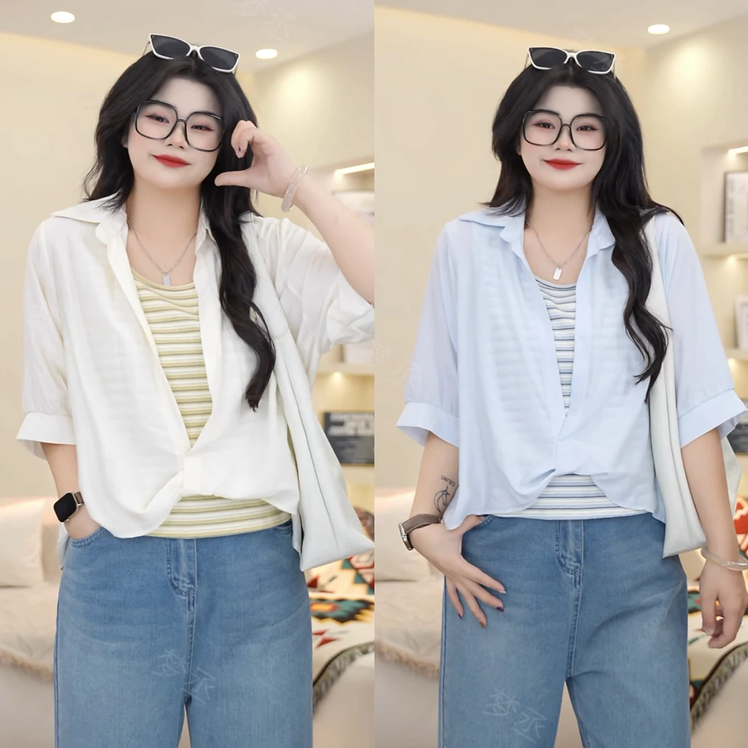 梦丞-设计感假两件条纹背心上衣夏季大码时尚显瘦遮肉短袖衬衫女