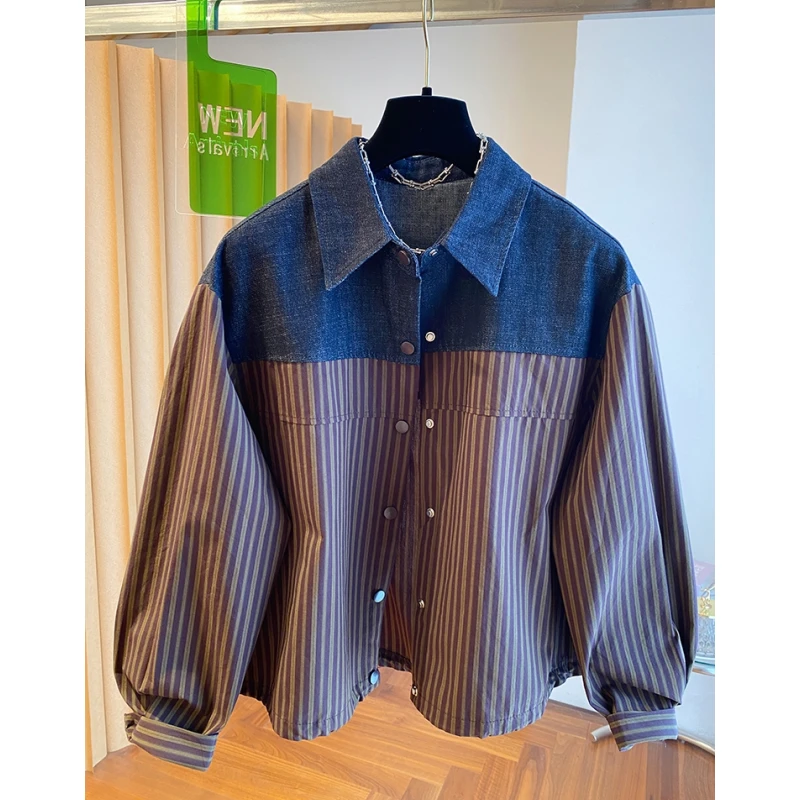 独特别致牛仔拼接条纹衬衫女2025新款秋季宽松高级感超好看上衣