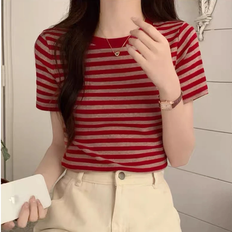 港式撞色条纹短袖t恤女夏季复古正肩修身显瘦减龄短款上衣打底衫