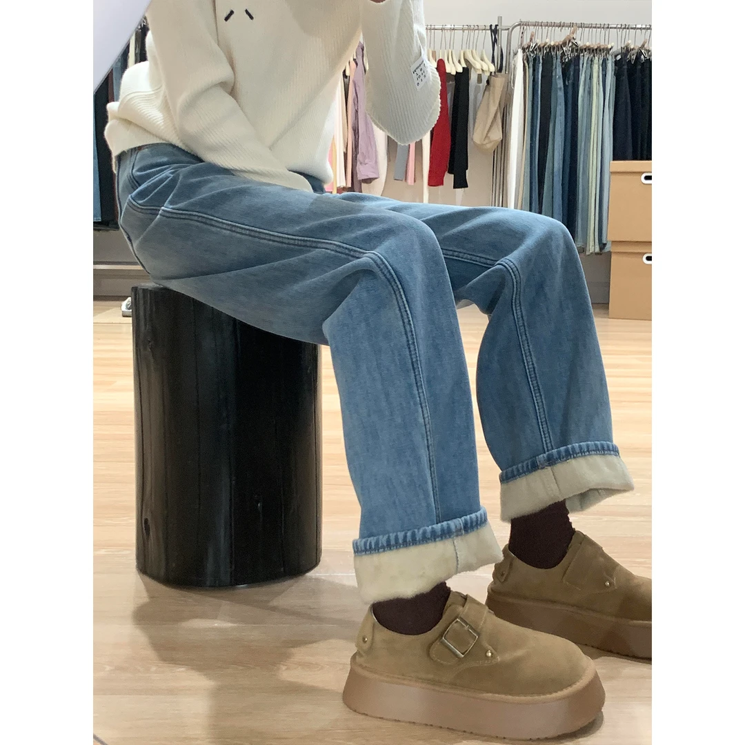 加绒加厚直筒牛仔裤女2025秋冬爆款小个子高腰显瘦保暖窄版阔腿裤