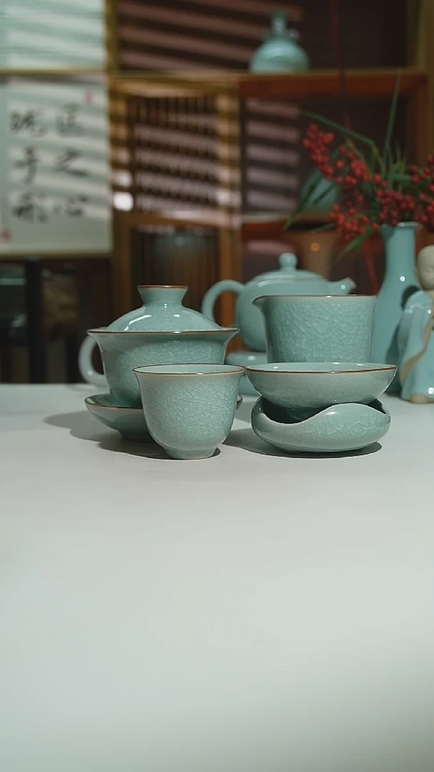 冰花玉兰盖碗九件套带礼盒