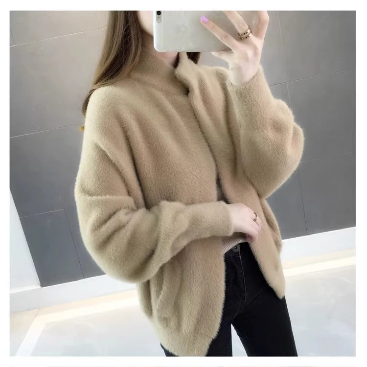 560-卡其【晶姐优选】仿貂毛针织开衫厚款秋冬女上衣外套纯色百搭