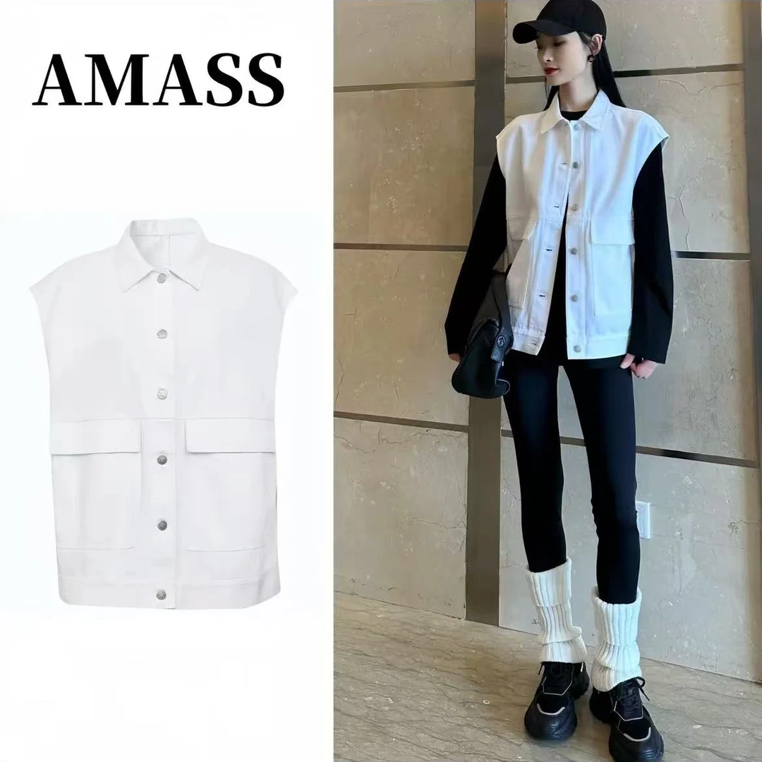 AMASS阿玛施翻领宽松单排扣百搭潮牌时尚设计感牛仔马甲5400513