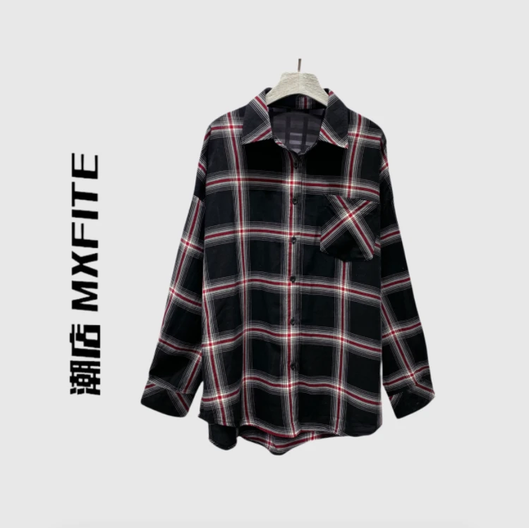 MXFITE潮店春季新款格纹条纹休闲POLO领长袖衬衣（ZHC40525）