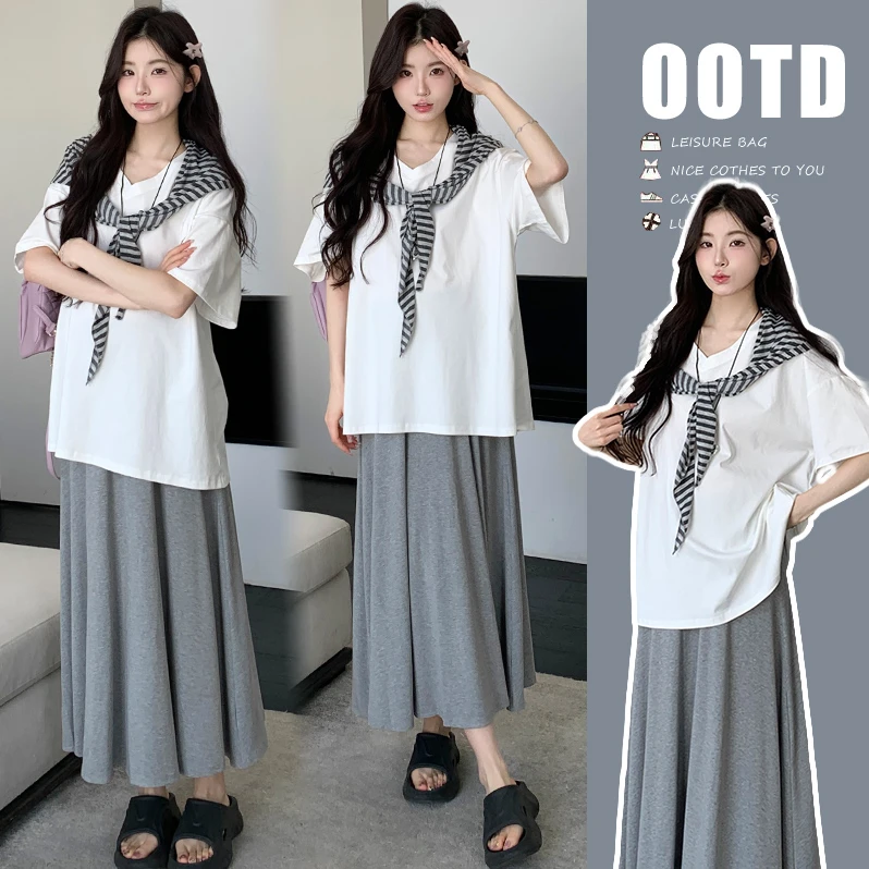 时髦孕妇装夏季新品慵懒风T恤+披肩半身裙三件套时尚显瘦洋气套装