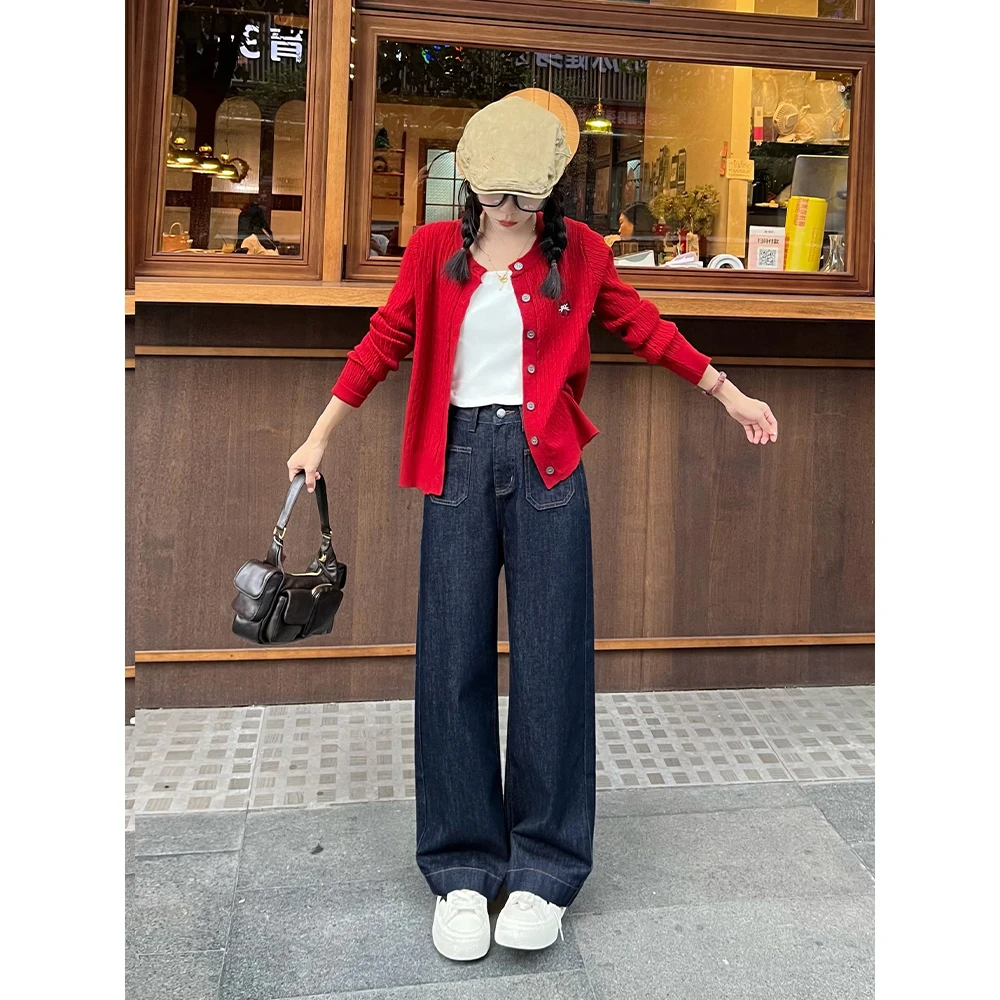 厚绒原生色阔腿牛仔裤女2025年新款百搭高腰显瘦直筒裤89152