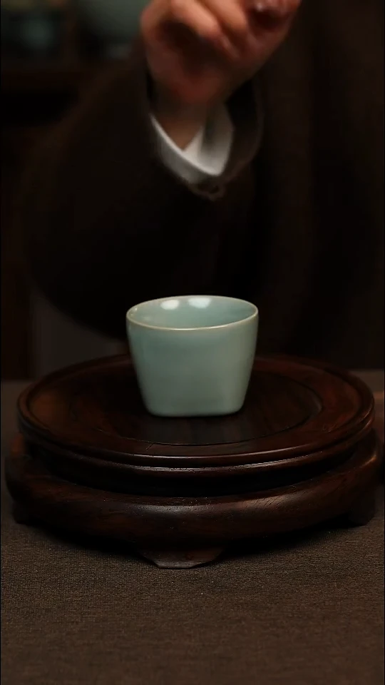 瓷片仿古天青天圆地方杯80ml 微瑕 不带礼盒