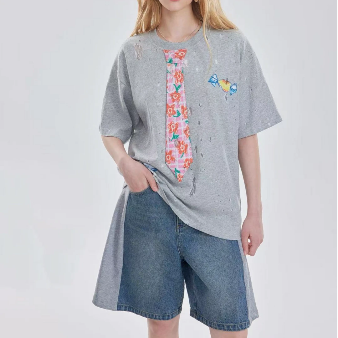 OooF！Yang牛仔拼接短裤