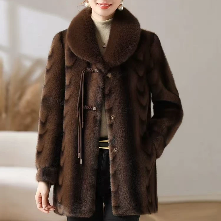 【PC热卖推荐】中年妈妈水貂绒皮毛一体外套冬装阔太太中长款