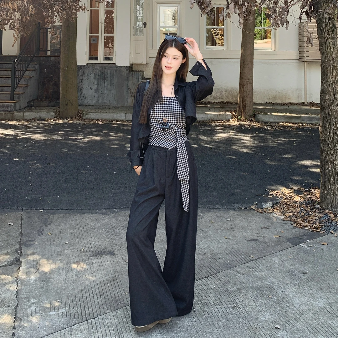 809#短款外套格子吊带背心套装女秋季2025直筒阔腿裤休闲裤三件套