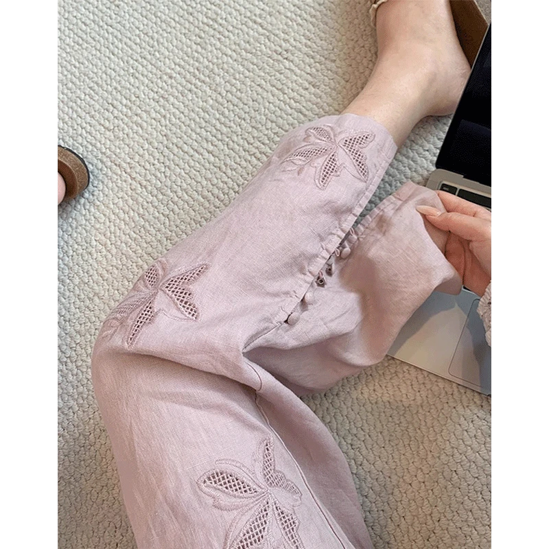 粉色镂空刺绣开叉阔腿裤女2025夏季新款设计感百搭显瘦休闲直筒裤