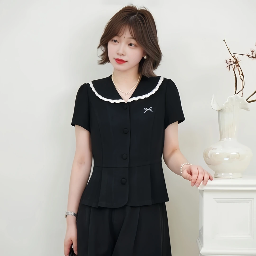 法式复古风娃娃领短袖T恤女2025夏季大码胖MM显瘦遮肉气质上衣