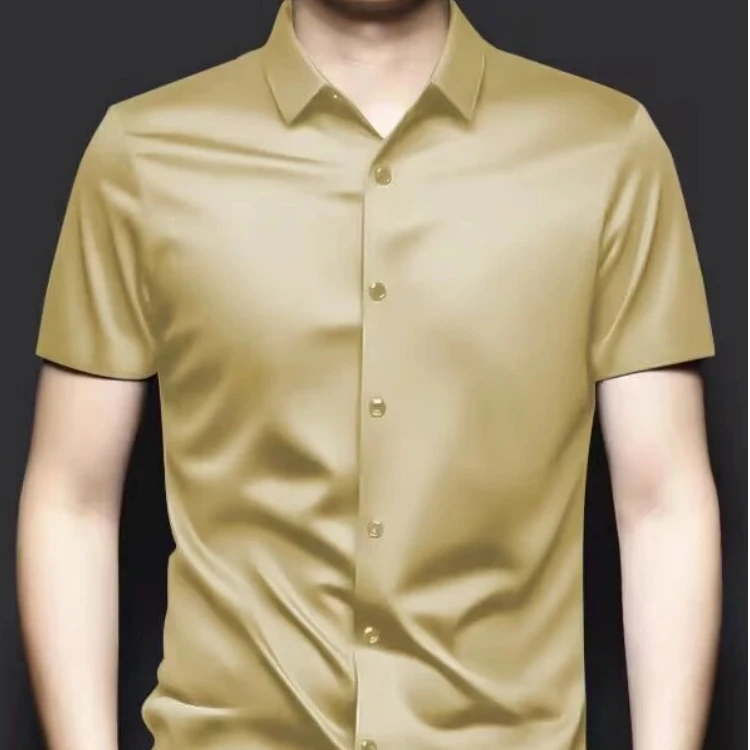 约文库费高端时尚夏季衬衫男短袖轻奢真丝商务休闲纯色衬衣桑蚕丝