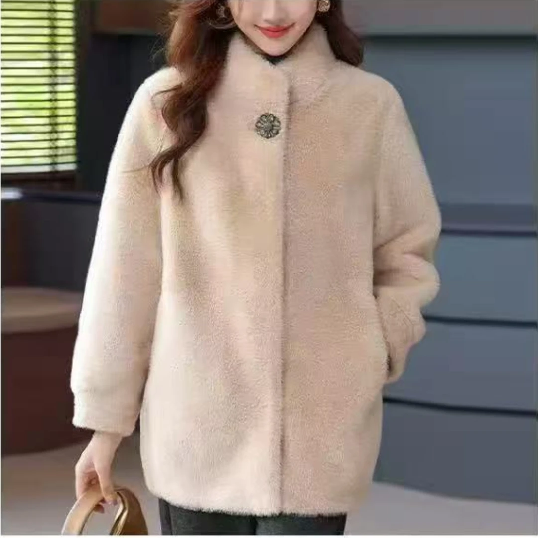 秋冬时尚高贵纯色仿貂毛皮毛一体立领大衣女中长款外套妈妈装保暖