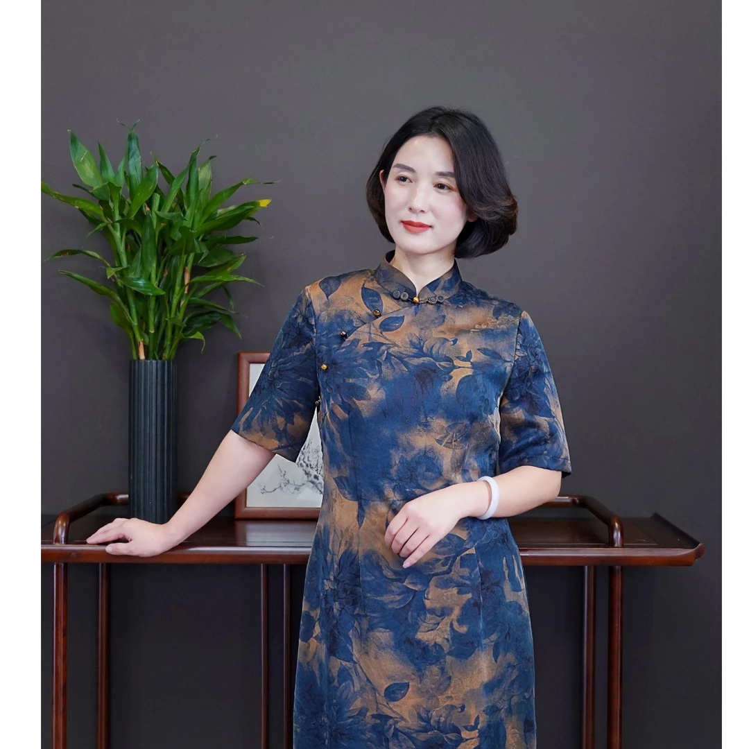 【京华苏艺】桑蚕丝香云纱新中式改良式中国风旗袍连衣裙-68439
