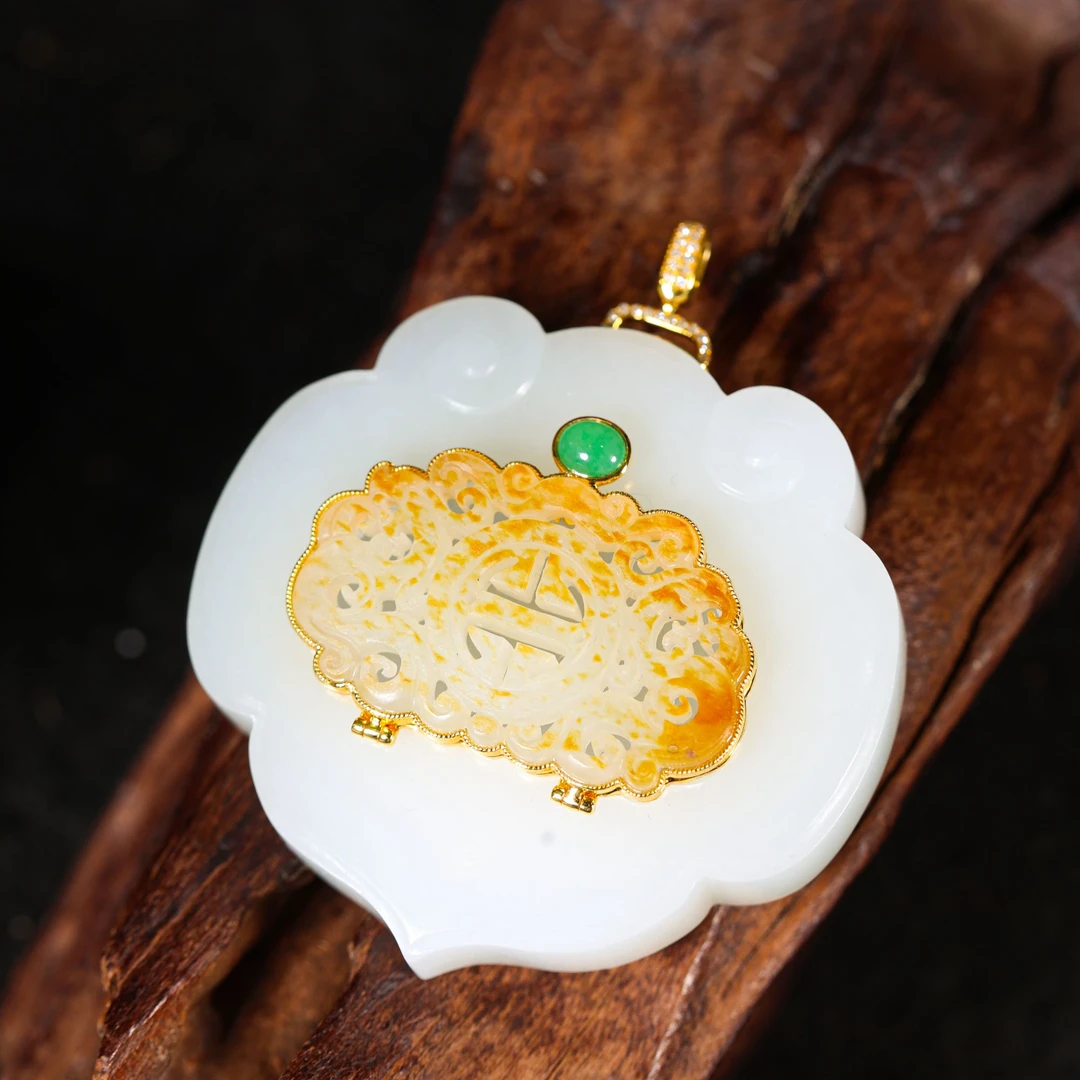 原创国风新中式定制珠宝18k金镶和田玉香盒吊坠