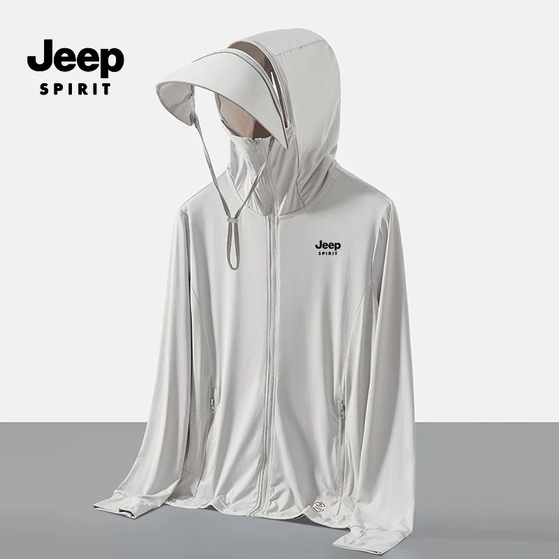 JEEPSPIRIT吉普夏季冰丝防晒衣男可拆卸大帽檐户外防紫外线钓鱼服