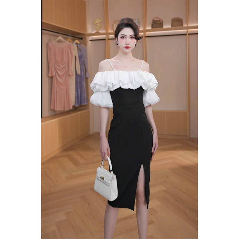春夏法式新款轻奢吊带荷叶边包臀气质一字肩修身连衣裙5074