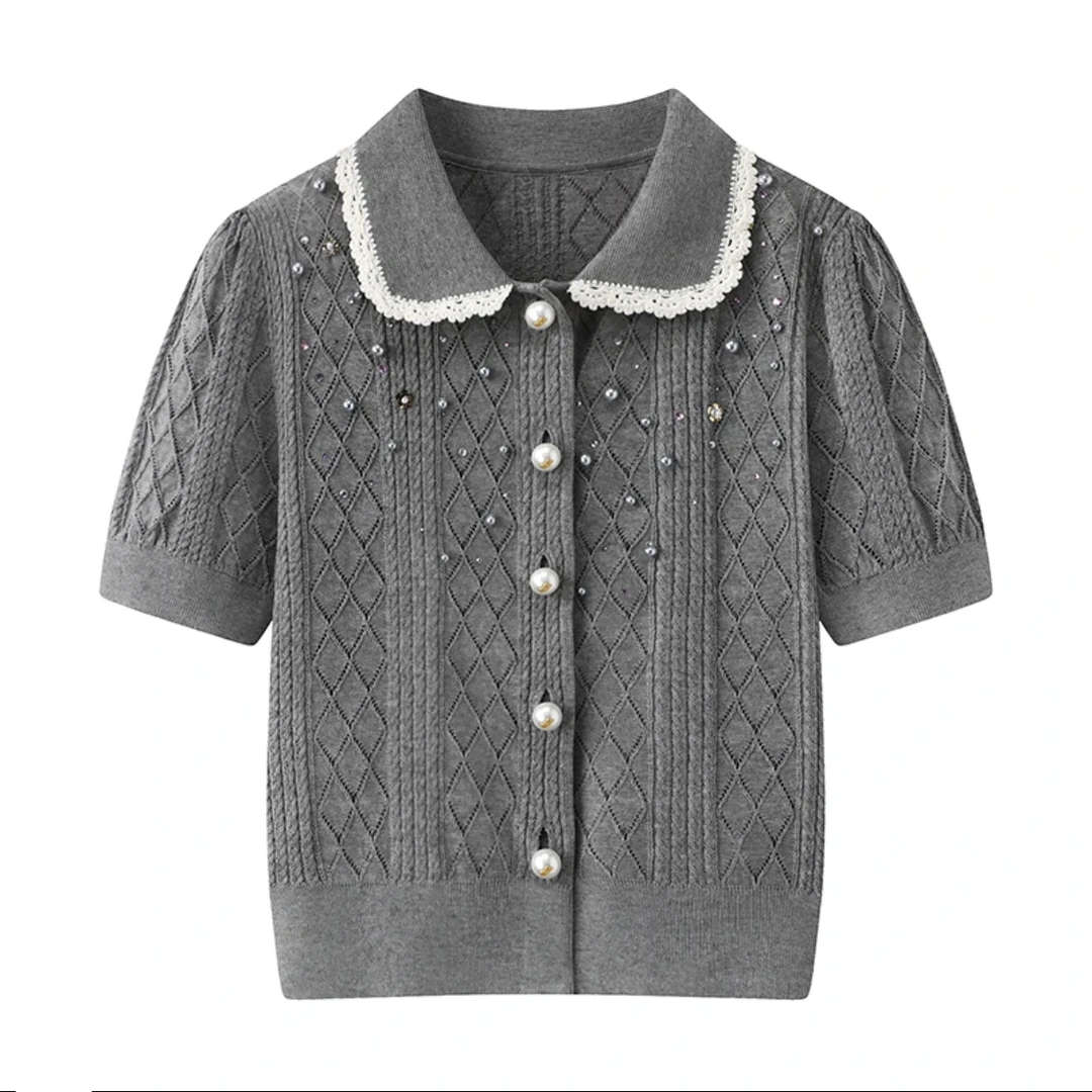 《猪猪出品》25上新夏季灰色翻领针织娃娃领短袖开衫