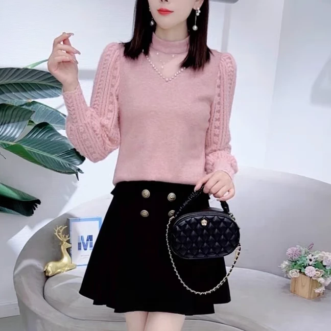 衣源7338#针织衫设计感网纱拼接修身显瘦针织百搭打底（长约60）