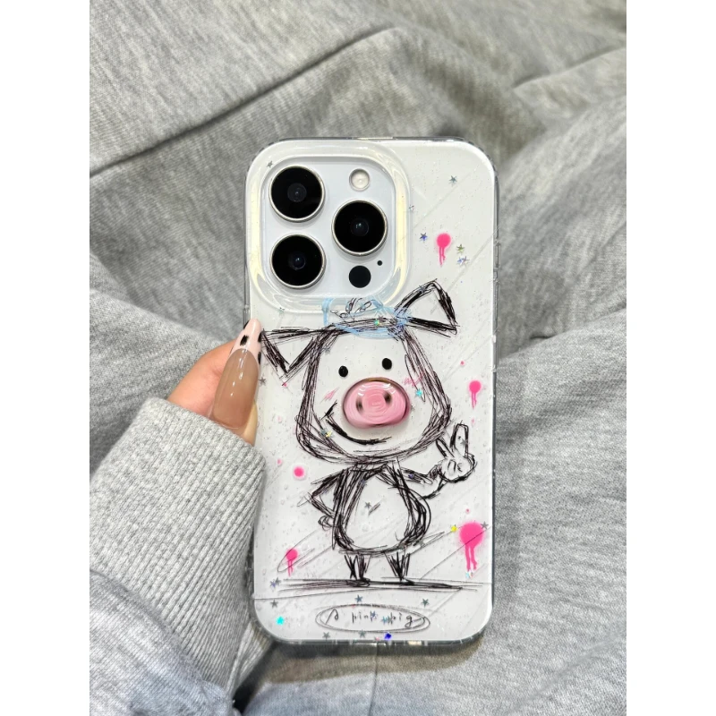 素描比耶小猪大孔适用苹果16/iPhone15手机壳华为/vivo小米oppo女