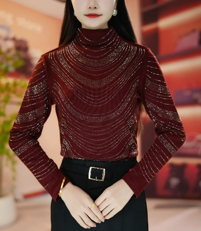 冬季新款烫钻德绒奥绒显瘦洋气时尚百搭长袖女士上衣简约修身小衫