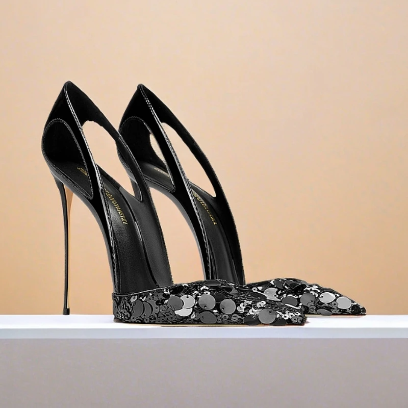 黑色亮片高跟鞋2025秋季新款气质轻奢时尚网红流行爆款包头凉鞋