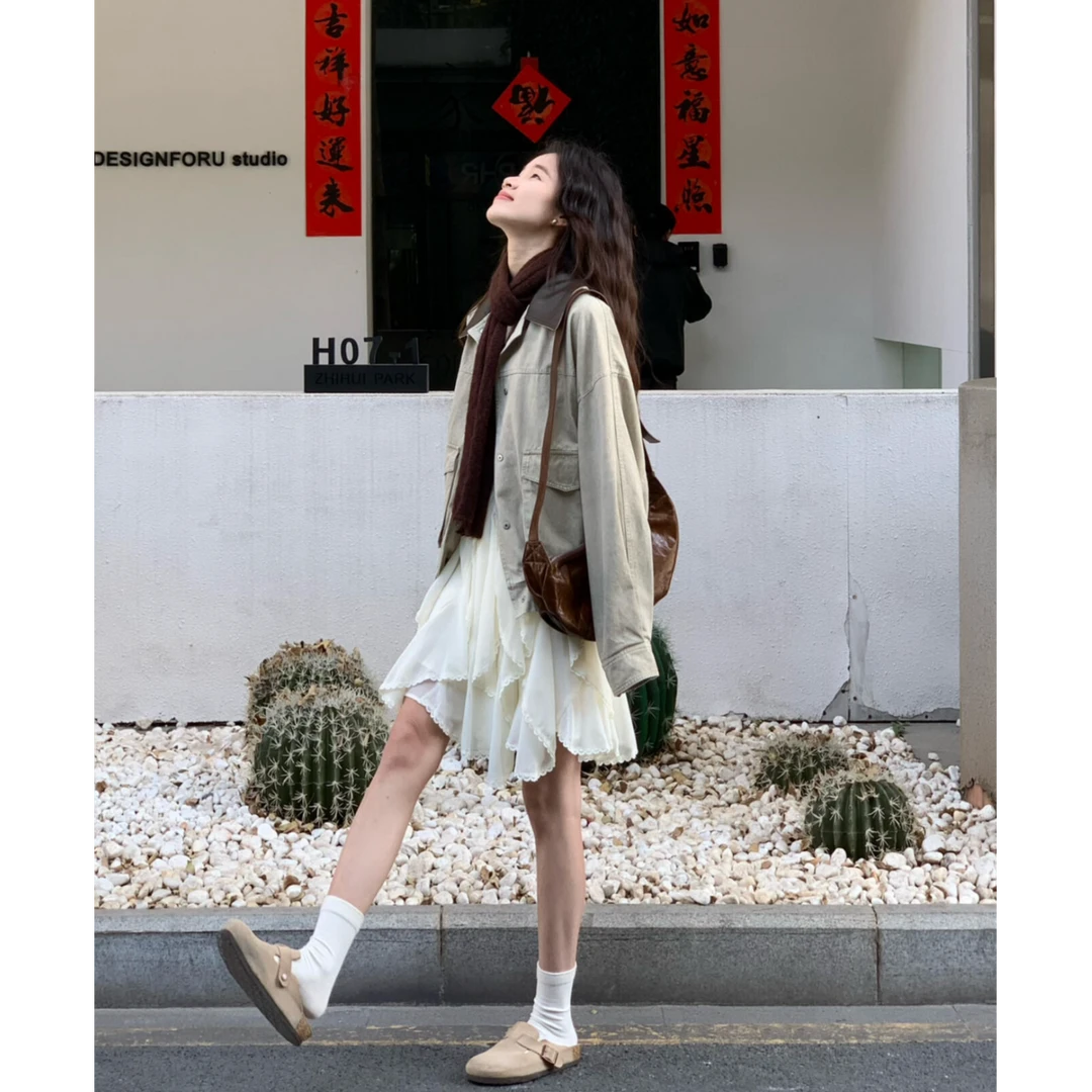 INS CEC高级感卡其色风衣外套穿搭套装韩系氛围感纯欲甜辣连衣裙