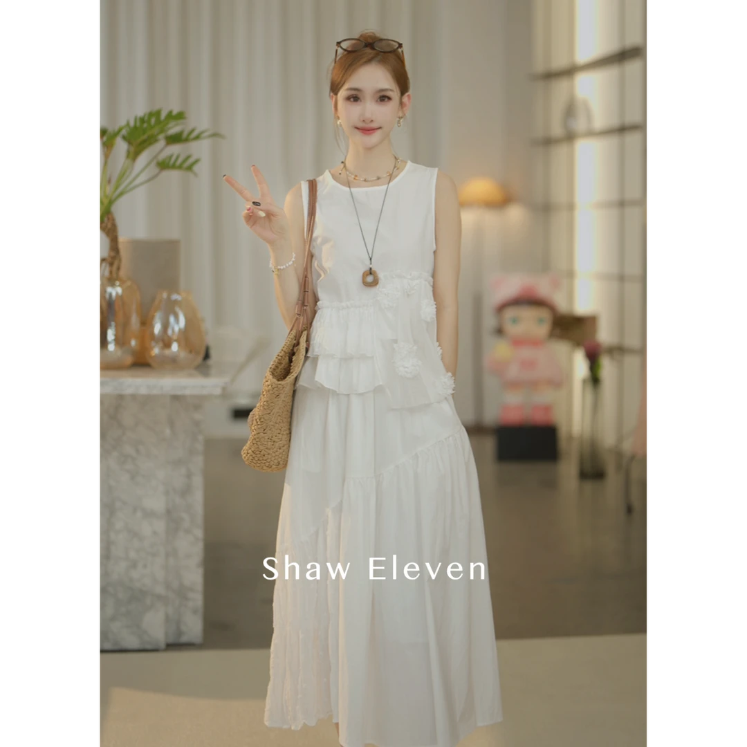 【Shaw Eleven】2025年夏女装圆领白色玫瑰花语上衣半身裙套装88797
