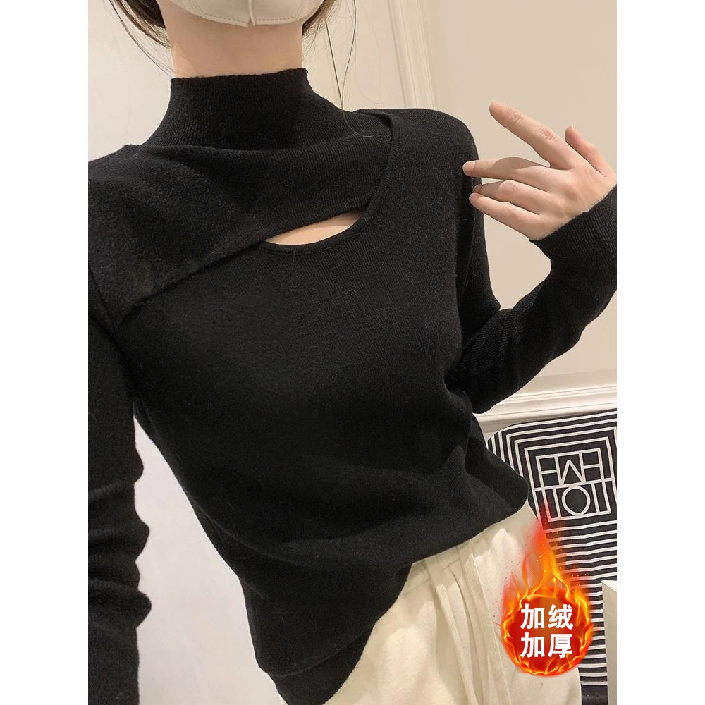 2025韩系新款秋冬百搭气质设计感半高领镂空显瘦长袖打底衫内搭潮