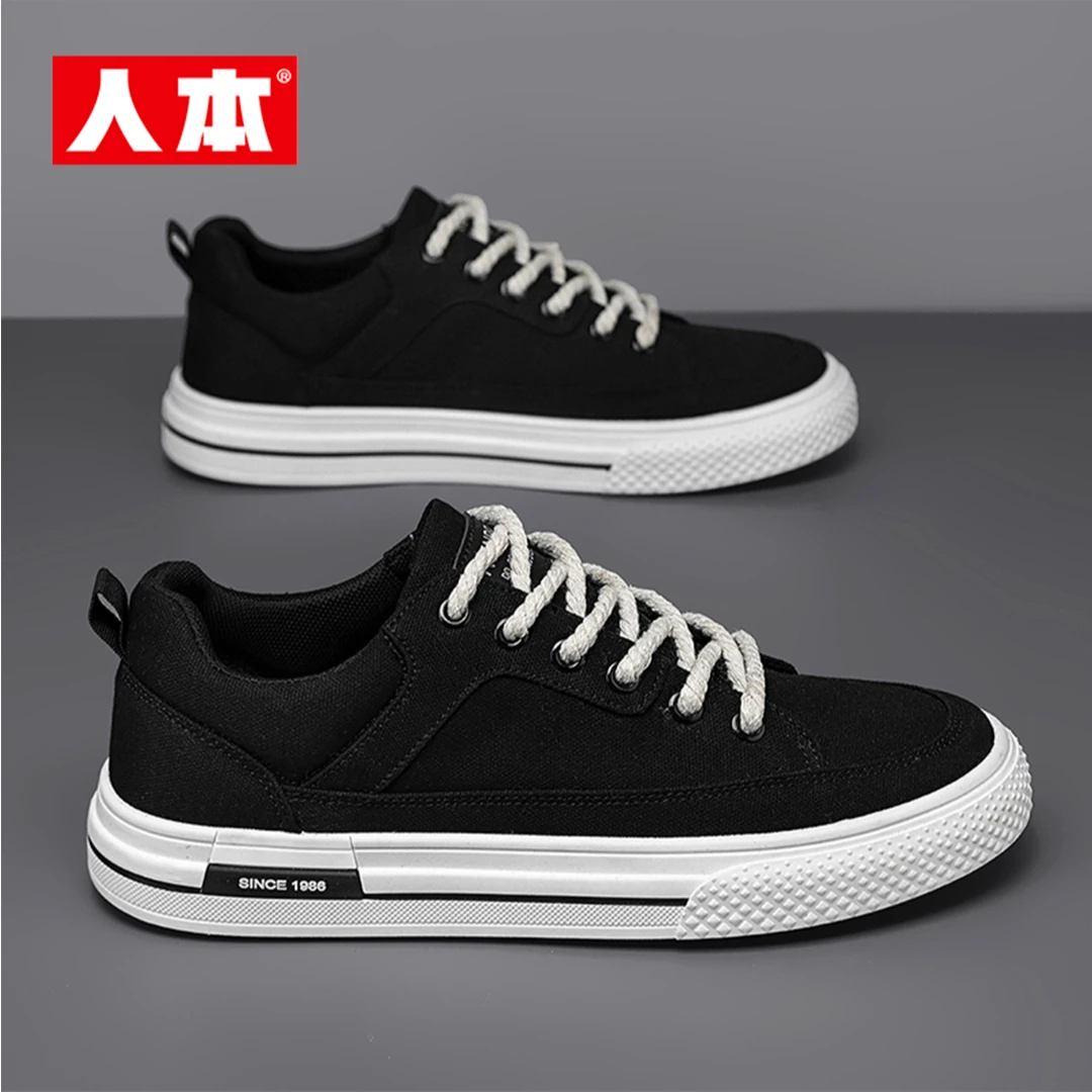 人本秋季新款百搭运动男款板鞋软底休闲舒适低帮学生帆布鞋