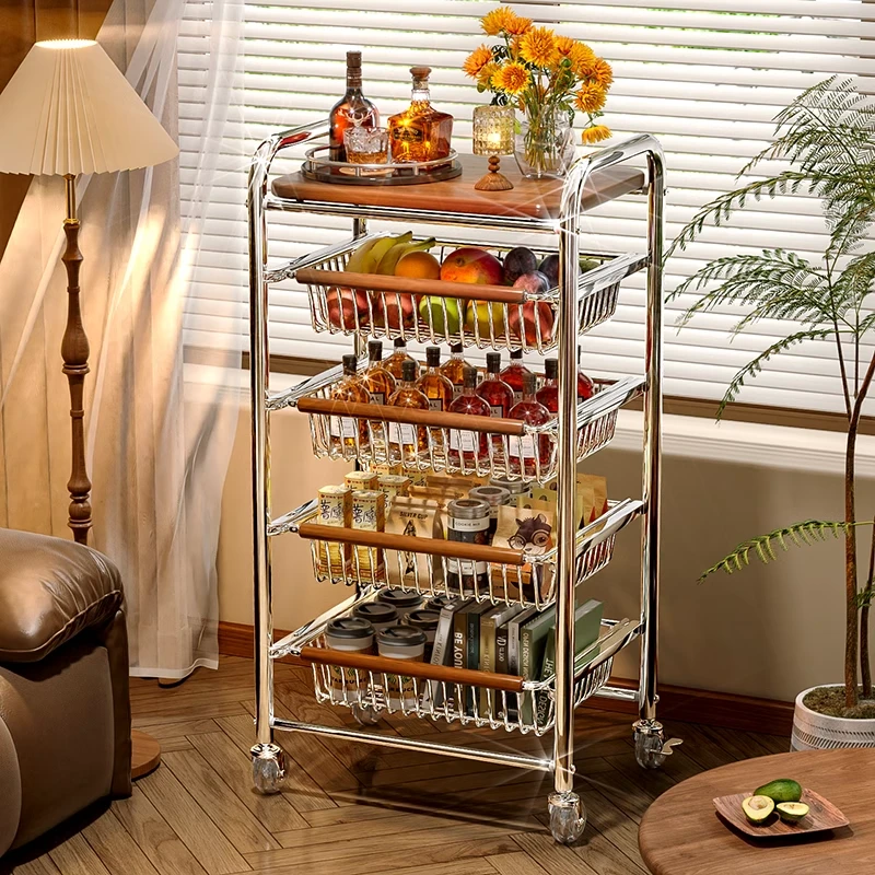 俏洁中古风多功能落地置物架零食夹缝小推车多层果蔬厨房菜篮子架