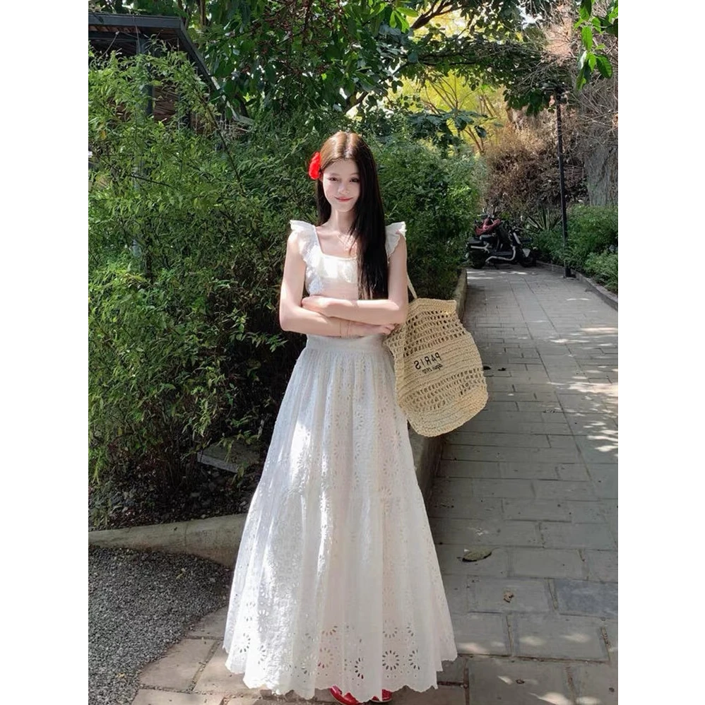 海边度假风辣妹套装女夏季绝美白色小飞袖上衣半身裙子穿搭一整套