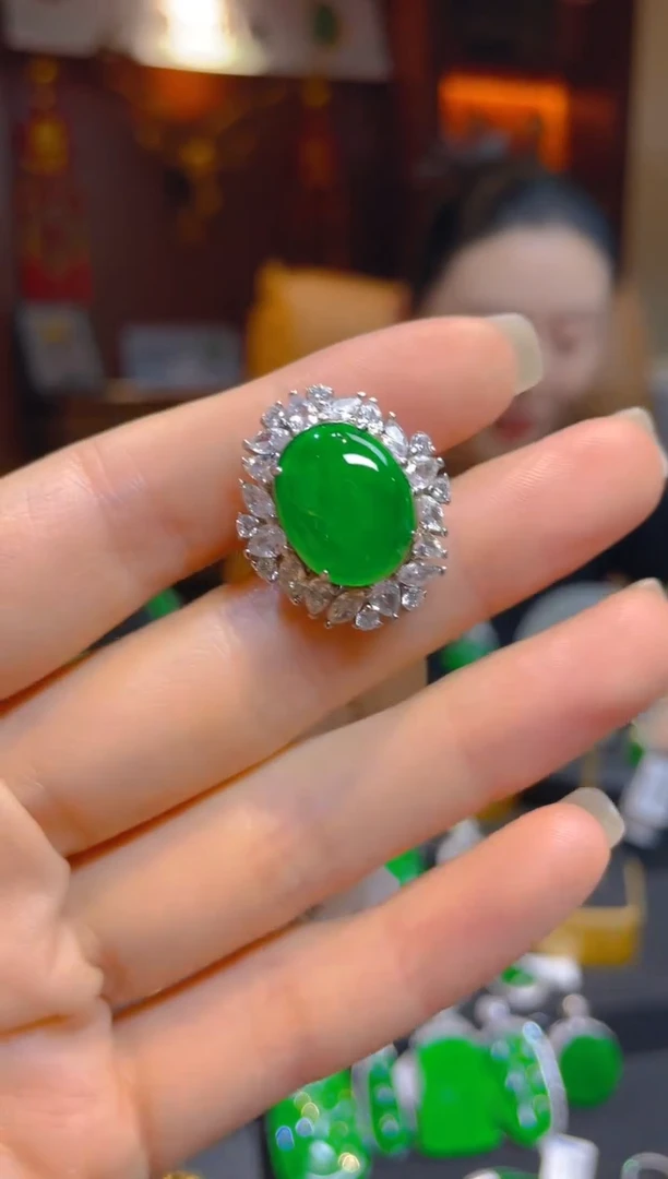 翡翠戒指银S925镶嵌天然A货翡翠戒指/119736
