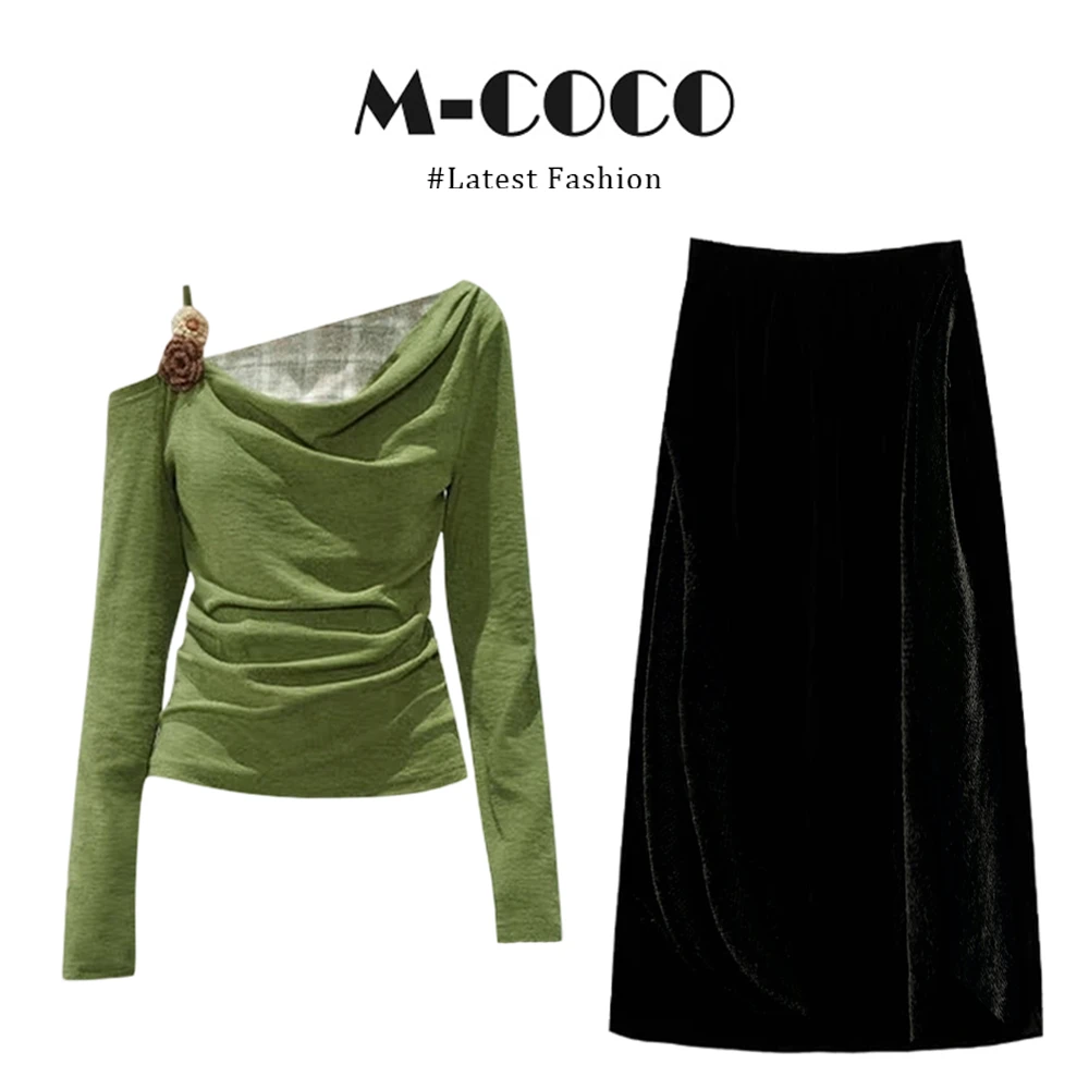 VASI韩系纯欲风假两件荡领长袖T恤时尚包臀半身裙秋冬套装