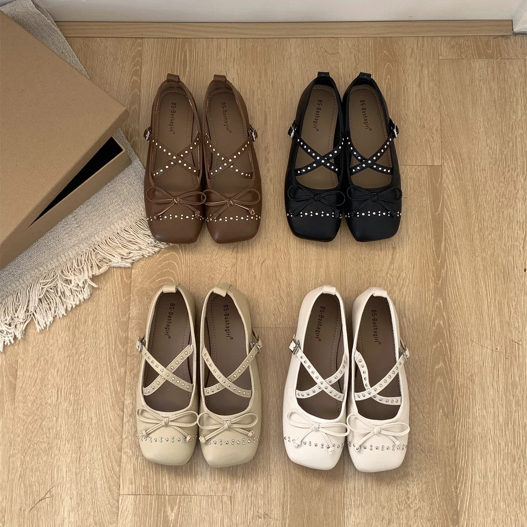 韩版方头铆钉蝴蝶结芭蕾舞鞋配裙子温柔玛丽珍百搭软底女鞋