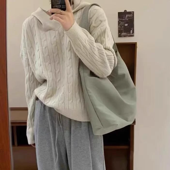 灰色麻花连帽毛衣女秋冬新款大衣内搭宽松休闲百搭女打底衫新款
