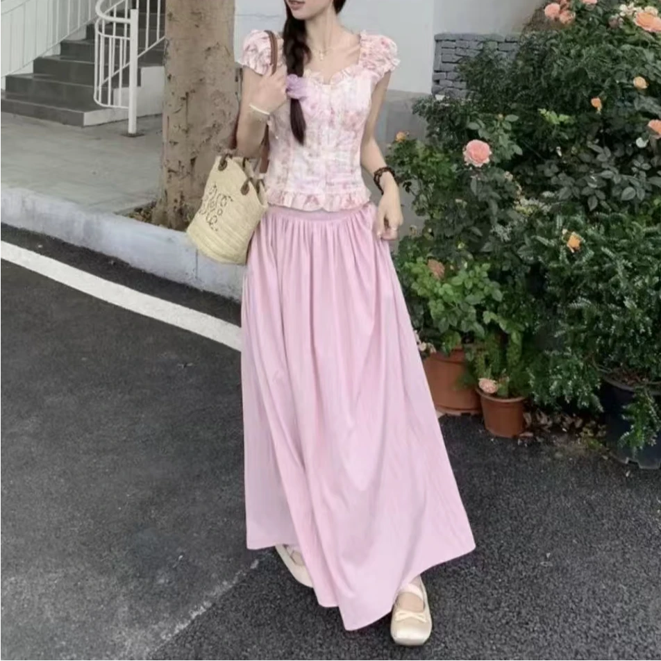 2025春夏新款粉色长裙两件套装时尚小众甜美收腰气质碎花显瘦