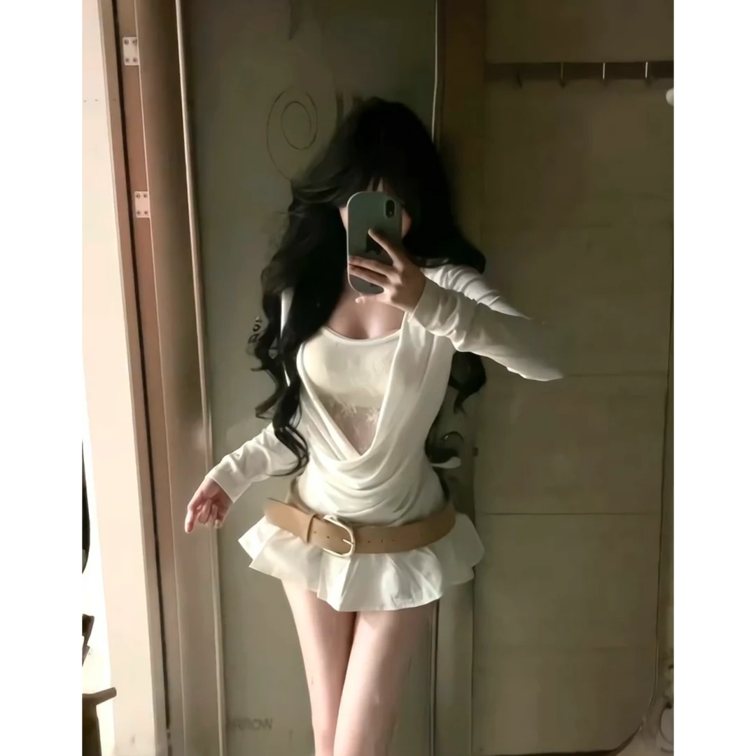 法式上衣女秋性感堆堆领设计感修身纯欲风打底衫高腰短裙两件套