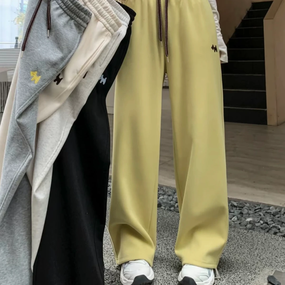 2025秋冬新款绣花小狗卫裤女直筒束脚两穿卫裤高腰宽松休闲运动裤