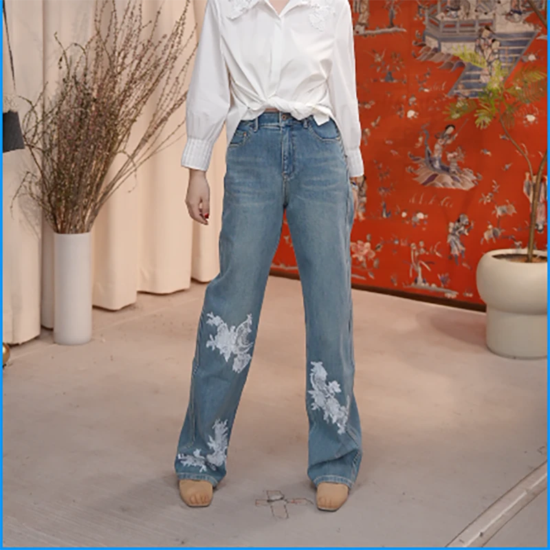 玉兰悠悠2025新款夏"化学反应"蕾丝牛仔裤明星同款高腰直筒休闲裤