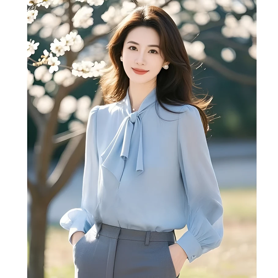 2025春装轻熟法式小众蓝色雪纺灯笼袖飘带衬衫女上衣独特漂亮小衫