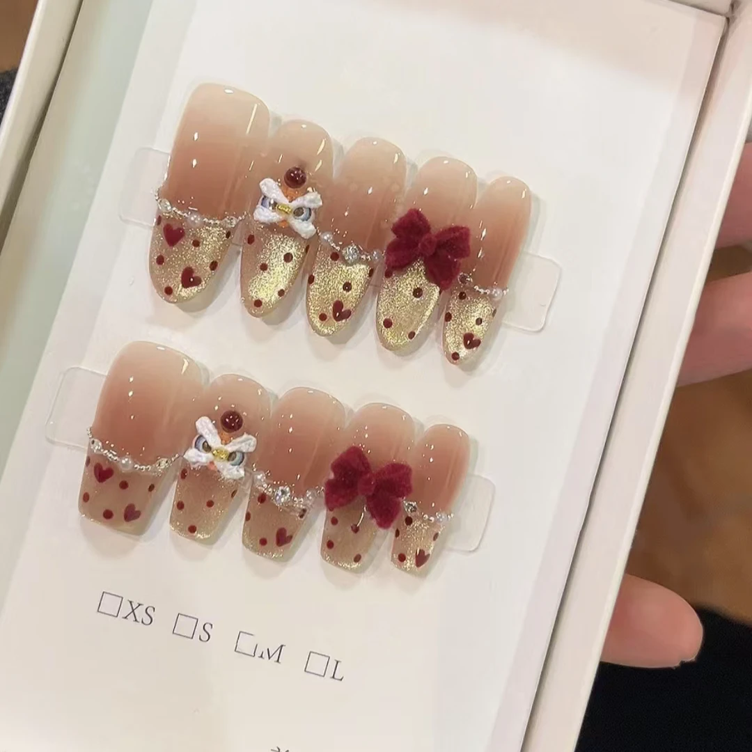 【心悦醒狮】新年款纯手工穿戴甲可拆卸10片装醒狮爱心猫眼法式（现）