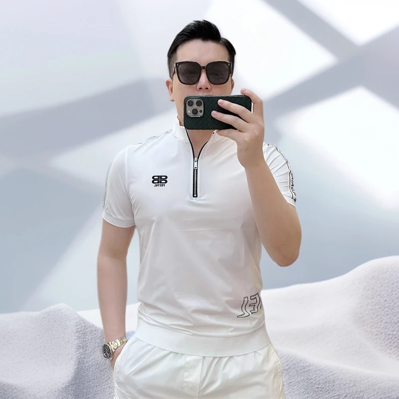 宾斯洛特夏季新款百搭个性字母徽章休闲立领拉链设计短袖T恤男潮