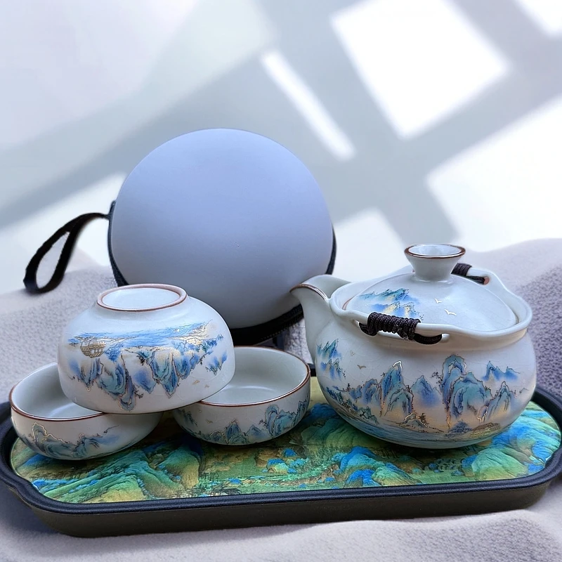 223手抓宝瓶千里江山带茶盘一壶三杯带包便携式户外陶瓷旅行茶具