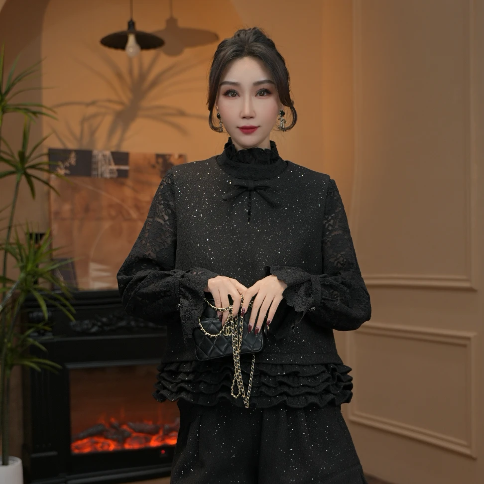 逸焰【雪姐乘风破浪】设计师款无袖蝴蝶结亮片百褶马甲-61216