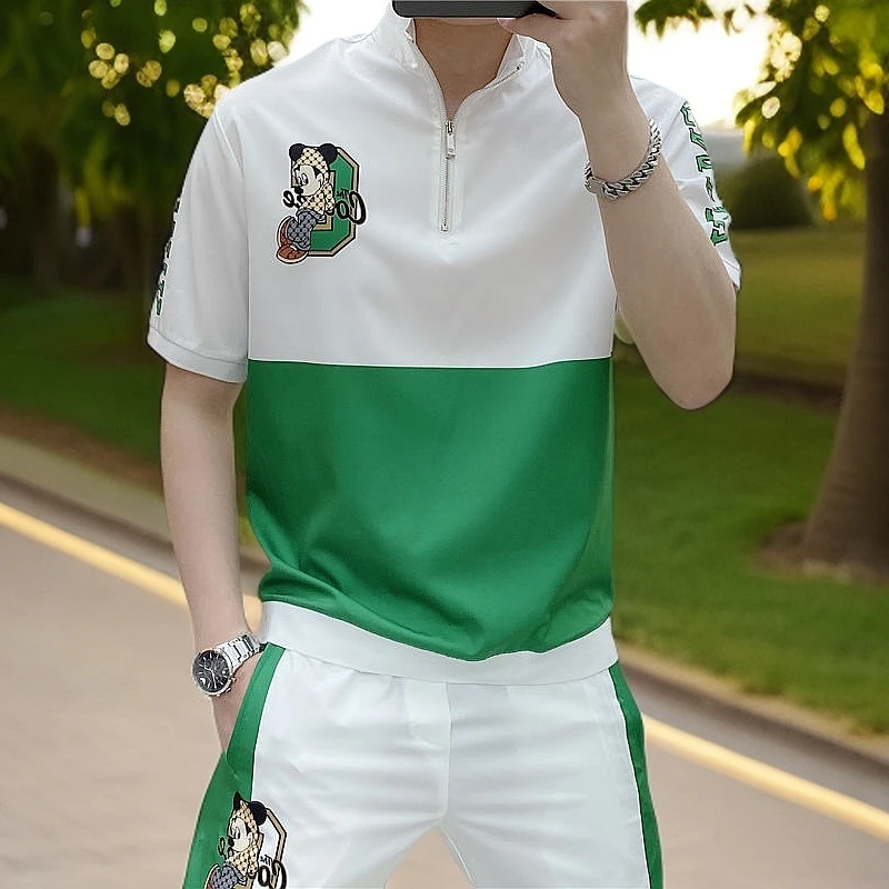 夏季潮男韩版潮牌网红立领短袖长裤两件套男时尚个性印花休闲套装