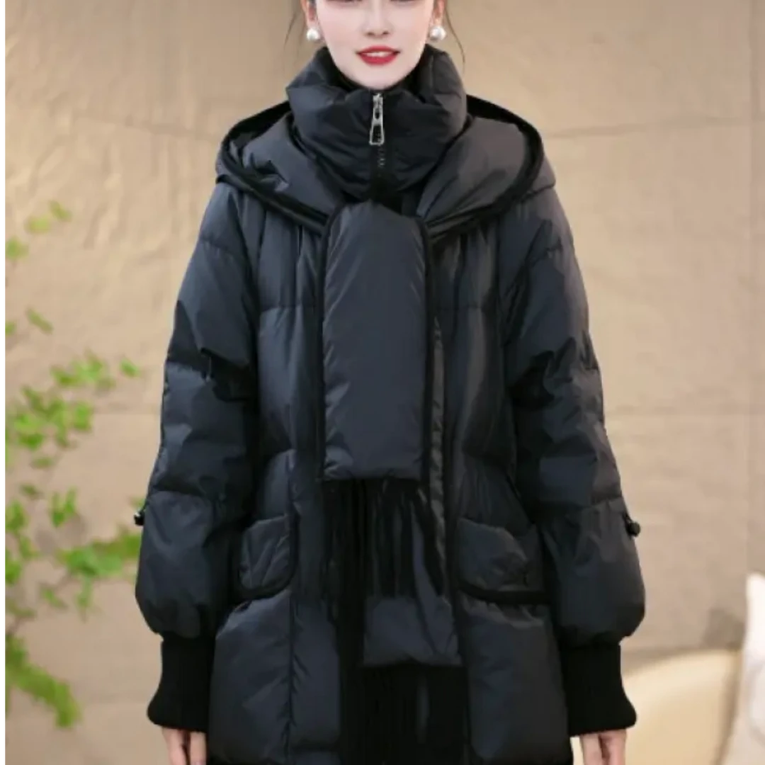 冬季设计感围巾连帽优雅百搭白鸭绒羽绒服8506黑色