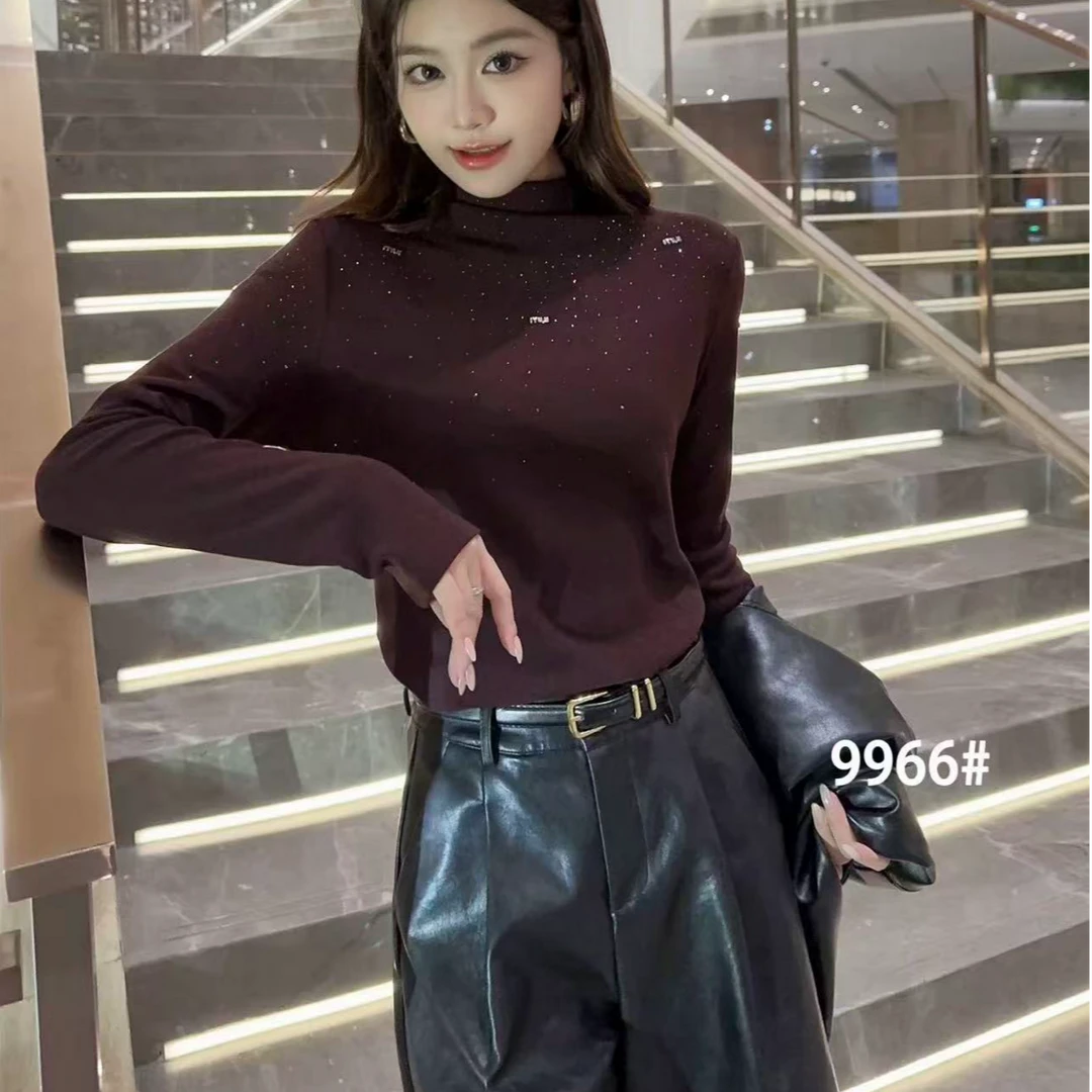 新时尚百搭半高领长袖秋冬满天星烫钻修身气质保暖显瘦打底衫305