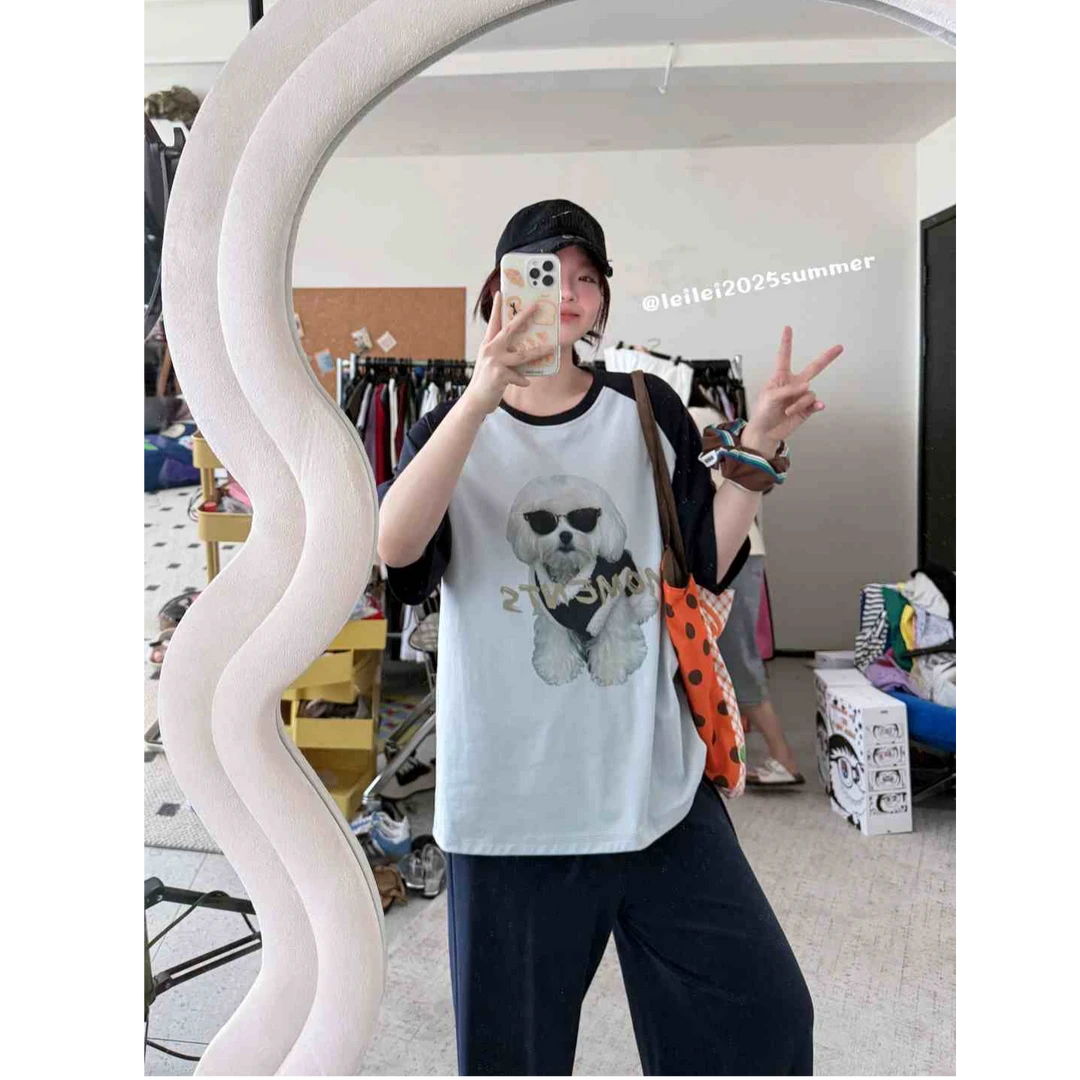 【墨镜小狗】美式复古撞色插肩袖圆领小狗图案短袖T恤时尚